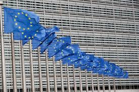 EU Flags in front of EU Building. Cybersecurity Courses.
